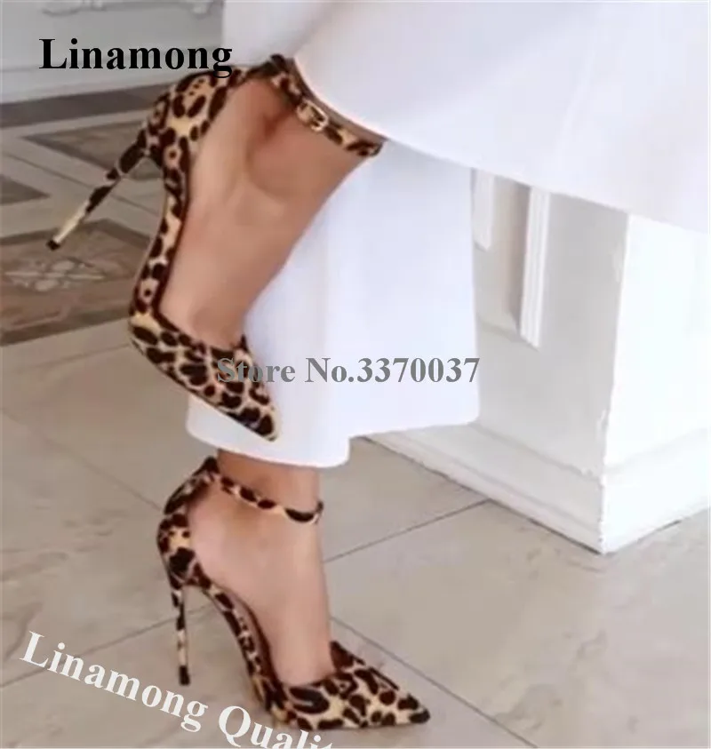 Linamong Elegant Women Pointed Toe Leopard Suede Stiletto Heel Pumps Ankle Strap Buckle Printed Suede High Heels Dress Shoes