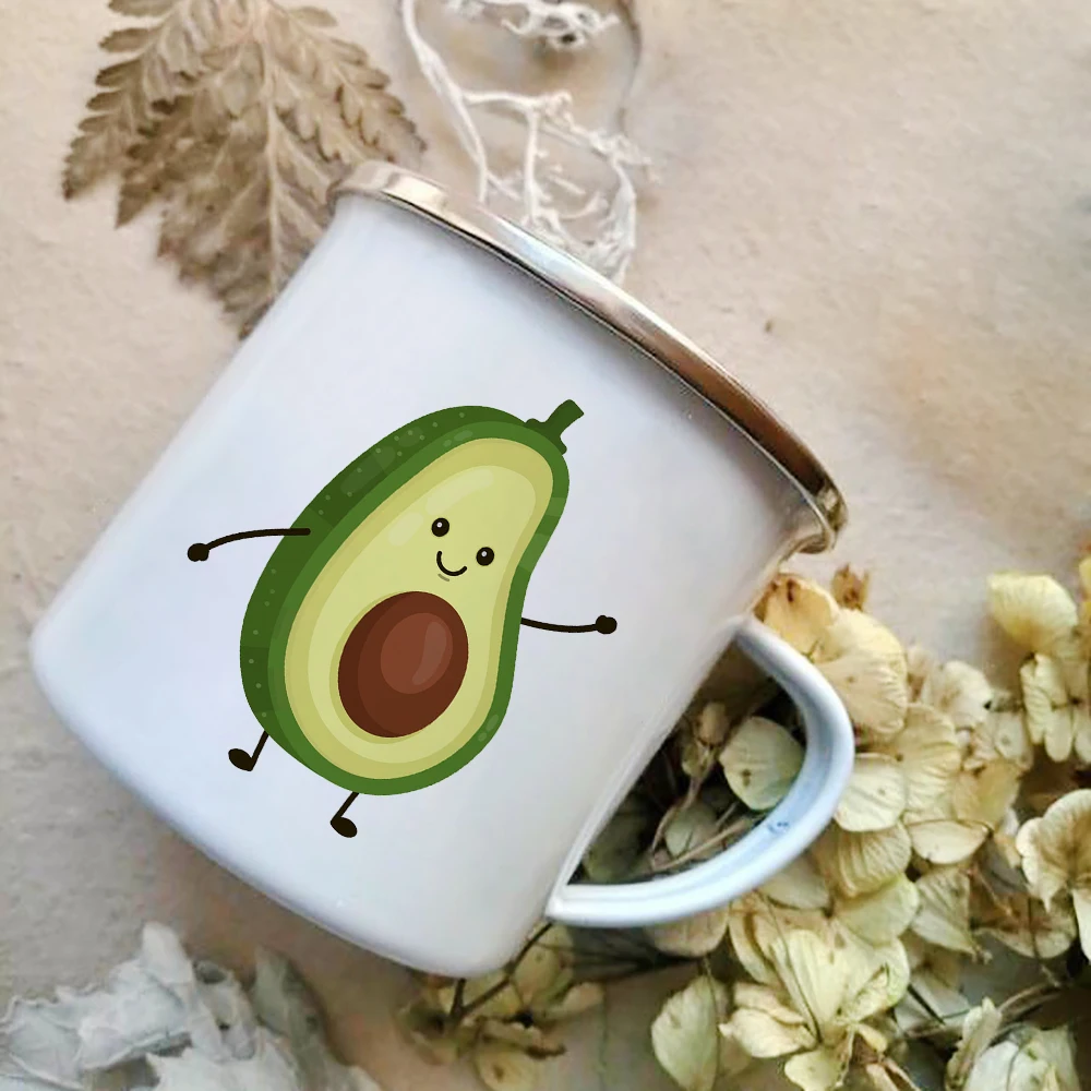 Cartoon Avocado Print Enamel Coffee Mugs Creative Simple Party Wine Beer Drink Juice Cola Cups With Handle Milk Mug Best Gifts