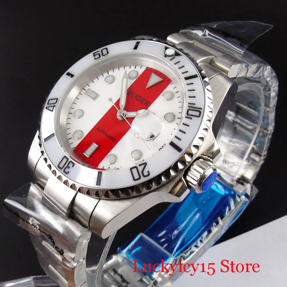 BLIGER Sapphire Glass Automatic Wristwatch Men MIYOTA Movement Date Function Mental Bracelet Deployment Clasp Red White Dial