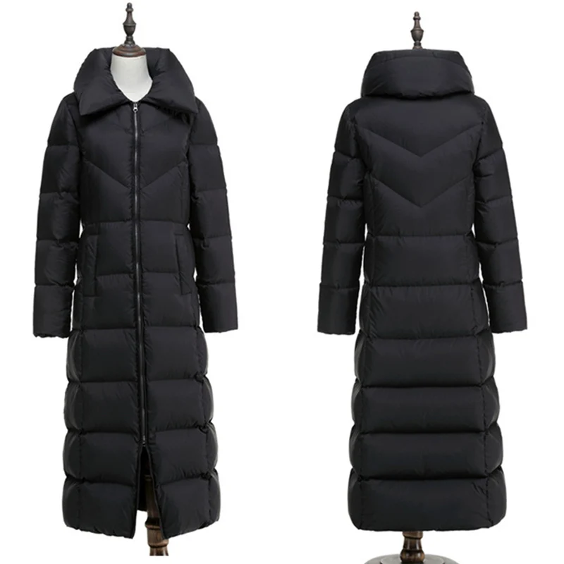 European Fashion Down Coat Winter Jacket Women 90% White Duck Down X-Long Warm Stand Collar Black Slim Style Casual Thicken XC05