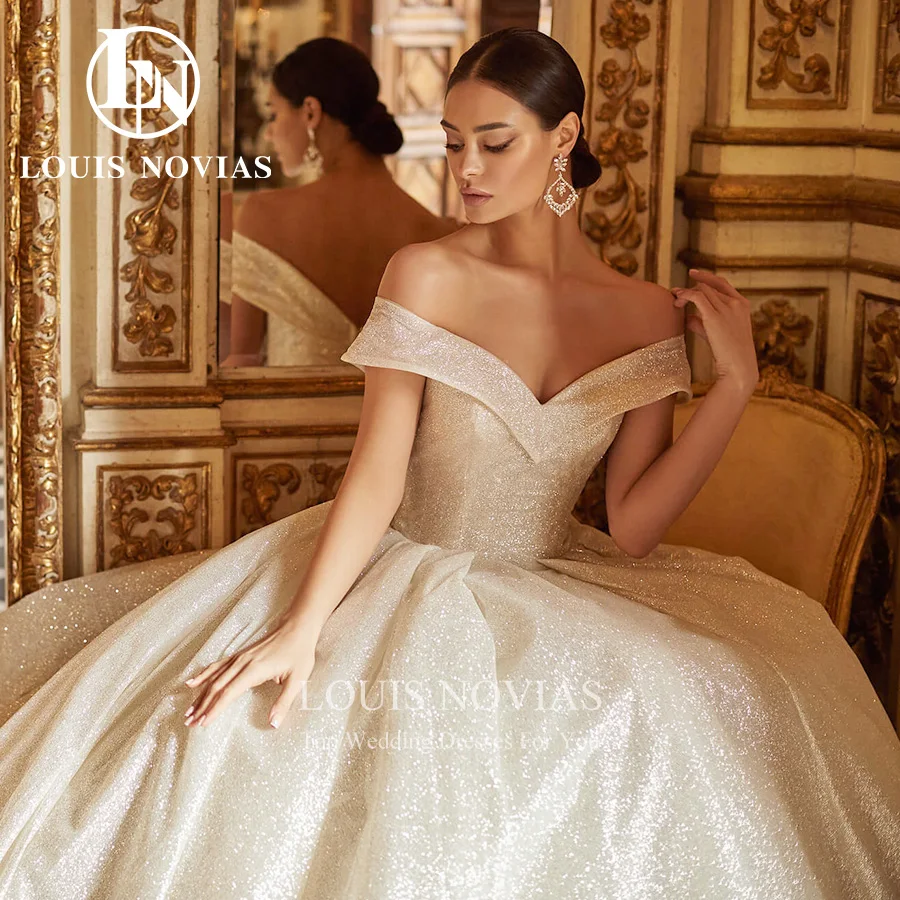 

LOUIS NOVIAS Off the Shoulder Wedding Dresses For Women Sexy Sparkling Tulle Ball Gown Wedding Gown Long Train Vestidos De Novia