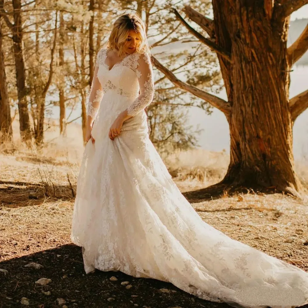 Vestido de novia de manga larga estilo bohemio, ropa de novia de talla grande, con apliques de encaje, estilo campestre, hecho a medida