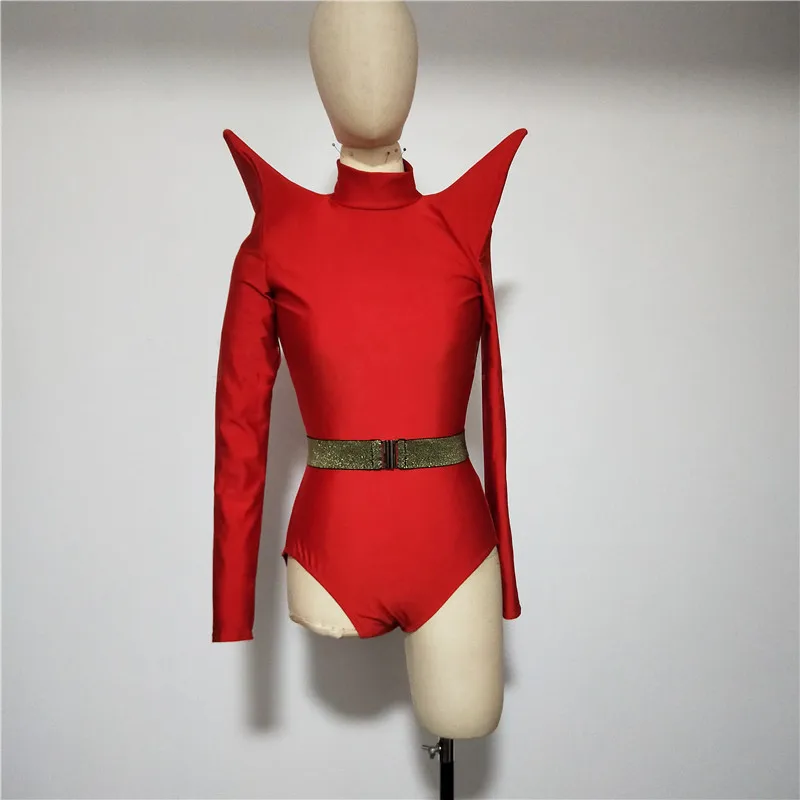 레드 블랙 플라이 숄더 스테이지 바디 슈트 여성 DJ 가수 댄서 섹시한 무대 착용 재즈 댄스 레오타드 나이트 클럽 공연 의상