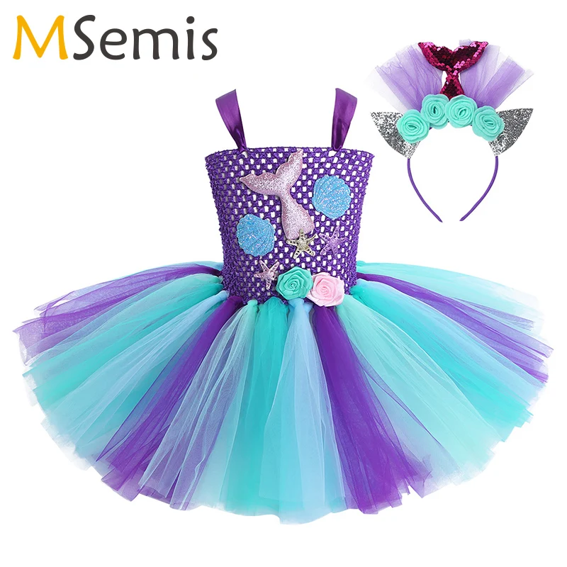 Robe Tutu de sirène pour filles, Costume de princesse d'halloween, queue de sirène, festonné, application étoile de mer, fleur 3D, robe Tutu en maille