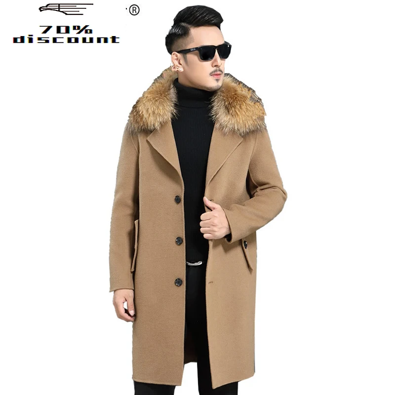 

Woolen Coat Autumn Winter Jacket Men 200% Wool Coats Mens Raccoon Fur Collar Windbreaker Chaqueta JLK28AD28022 MY2369
