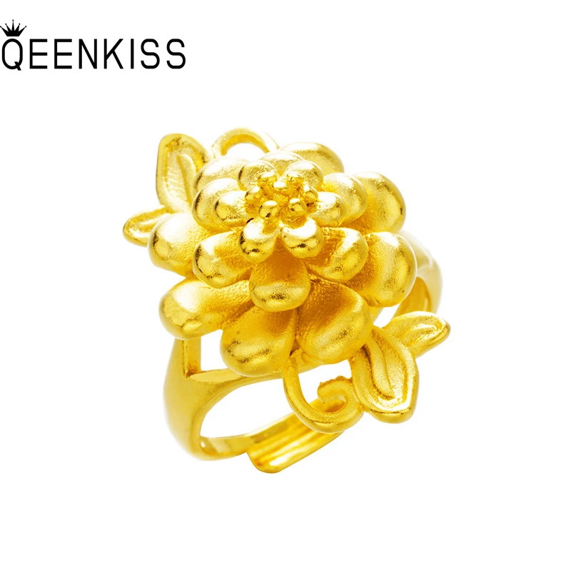 

QEENKISS 24KT Gold Flower Ring For Women Adjustable Ring Fine Wholesale Jewelry Wedding Party Bride Ladies Girl MotherGift RG590