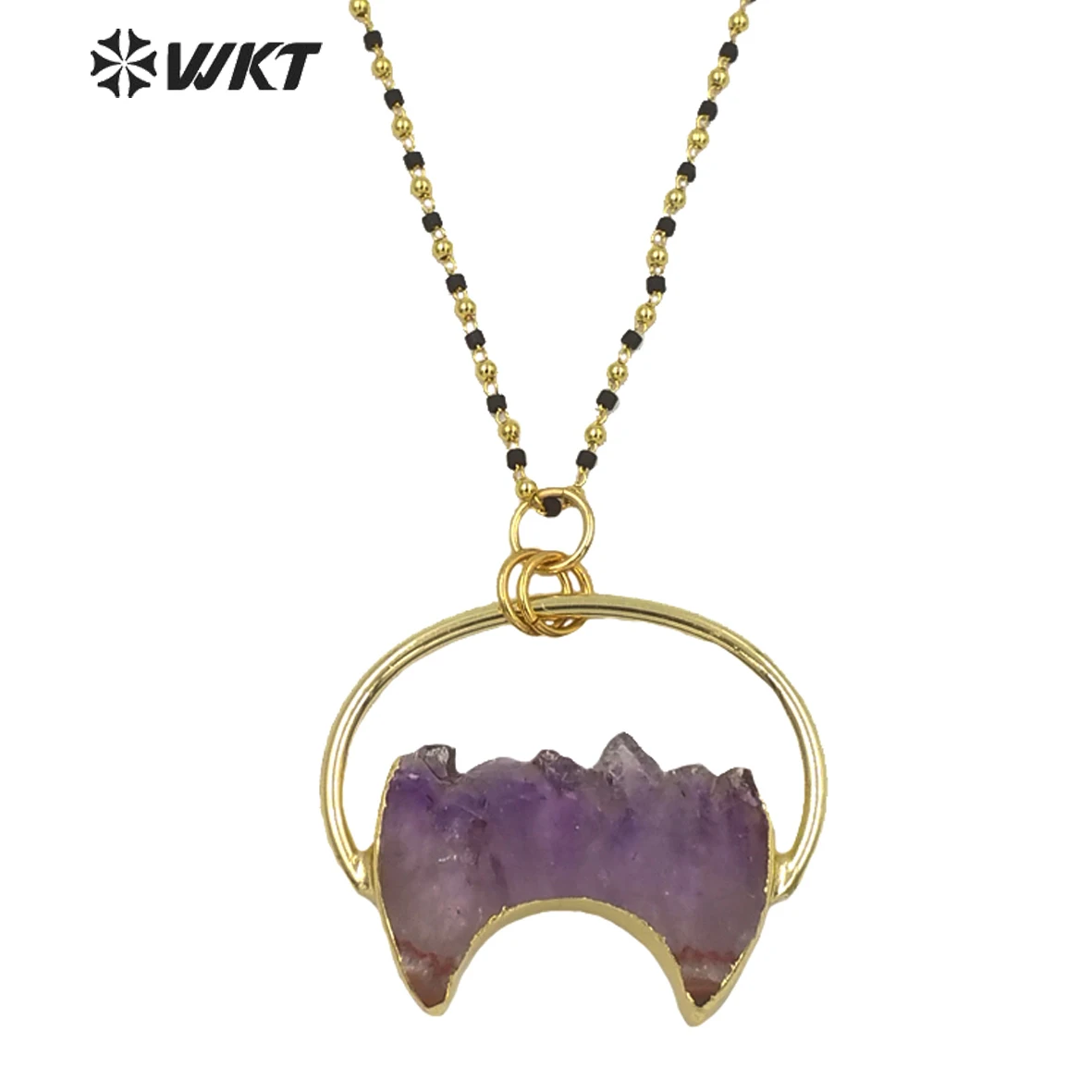 WT-N1219 Wholesale Fashion Gold Filled Crescent Horn Amethyst Necklace For Women Gift Jewelry Natural Stone Beads Chains