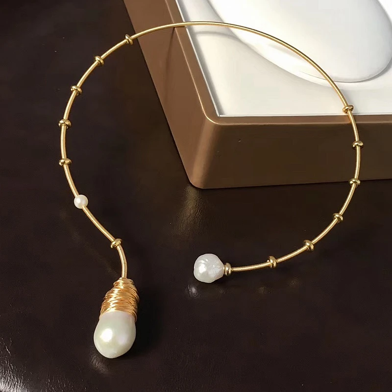 

2021 gold handmade unique design women necklace choker real baroque pearl fresh water luxury jewelry hot sell fashion