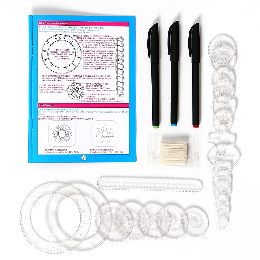 Spiral Drawing Toys set with 3pcs Pens + 22 Accessories Draw Spiral Designs Interlocking Gears & Wheels, For Adults and Kid