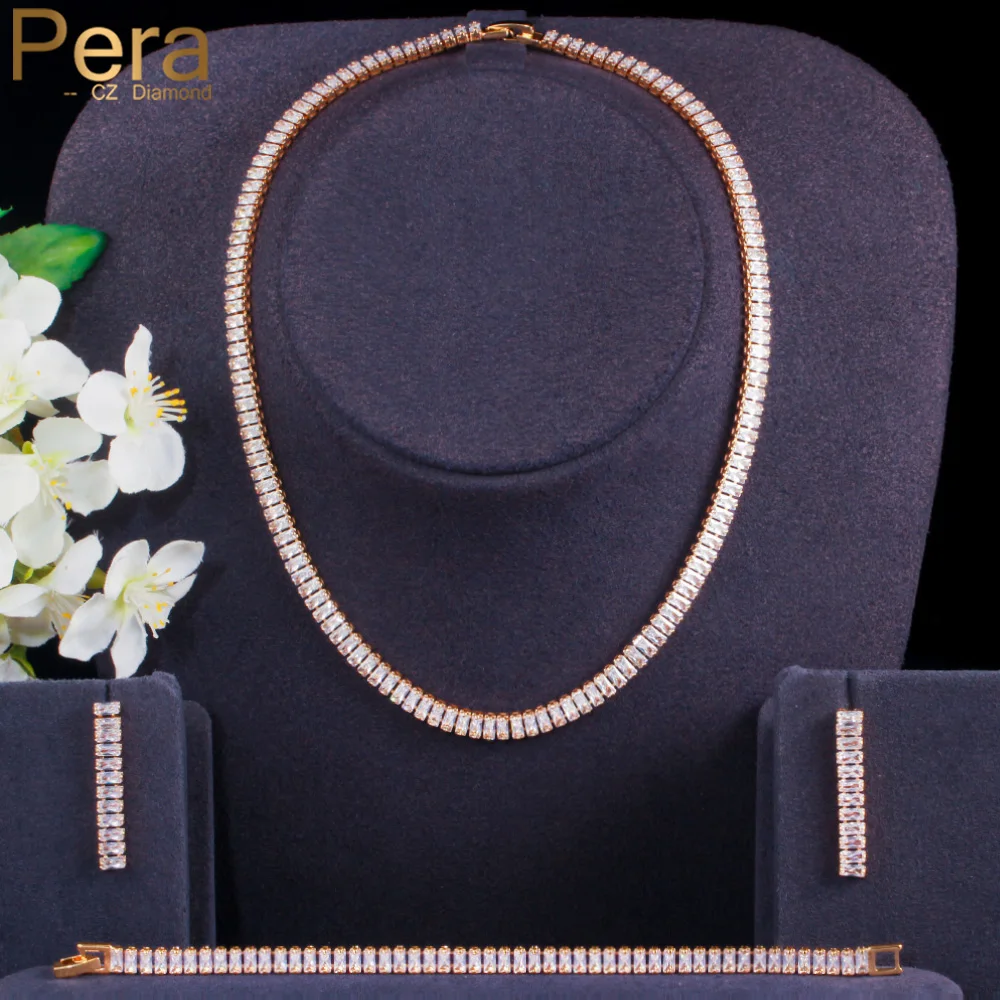 

Pera Luxury Baguette CZ Round Choker Bridal Wedding Necklace Earrings Bracelet African Gold Color Jewelry Sets for Women J411