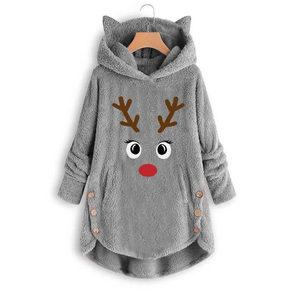 New Fashion Women Printed Cat Ears Hooded Large Size Long Sleeve Button Sweater Warm Pullover Christmas Casual Tops Sweaters