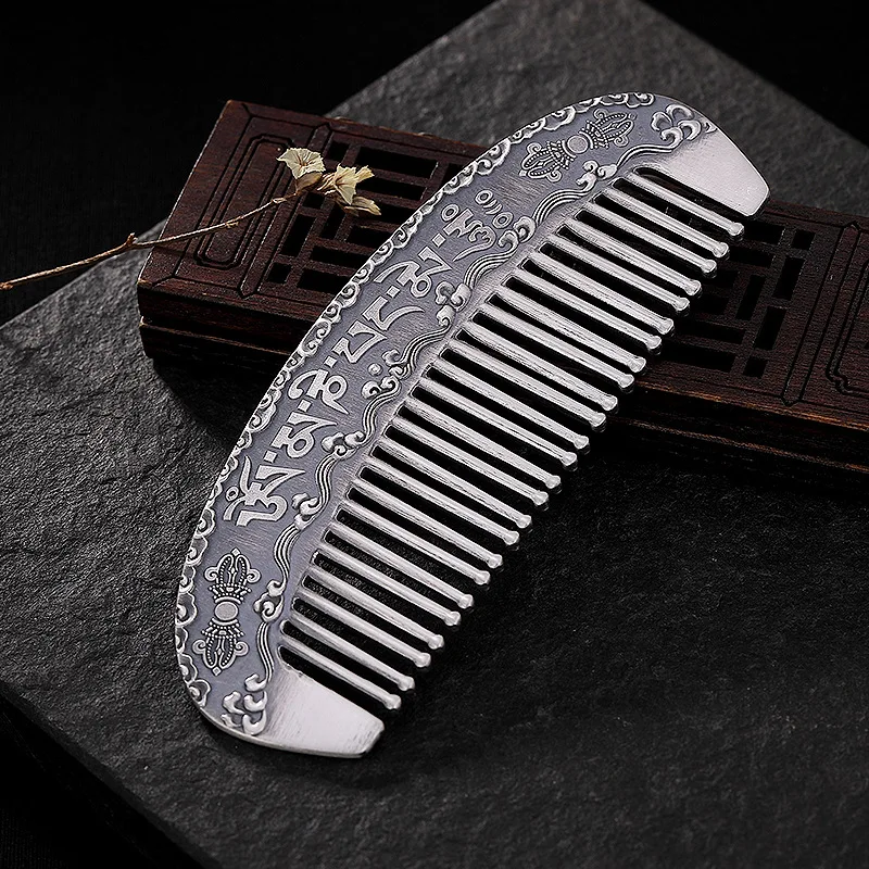 999 Sterling Silver Retro Six Words Mantra Auspicious Clouds Silver Comb