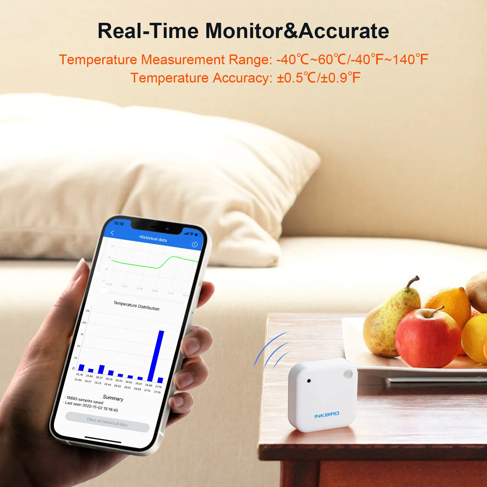 INKBIRD IBS-TH2 Digital Bluetooth Thermometer Temperature Recorder Smart Sensor for Fridge Baby Room Smart Home Weather Station