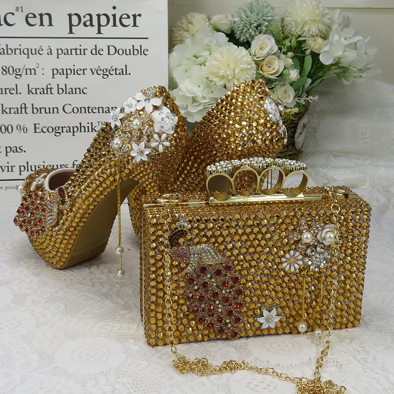 BaoYaFang Golden Party Dress Shoe with matching bag crystal Wedding shoes Bride women's High heel platform shoe High Pumps purse