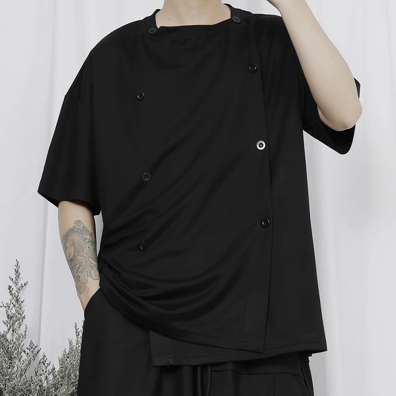 Men's summer new casual T-shirt dark double-breasted design folding solid color youth loose large size short sleeve T-shirt