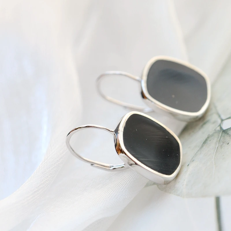 Authentic 925 Sterling Silver Earrings Lady Retro Style Charm Inlaid Natural Black Agate Square Earring Concise Trendy Jewelry