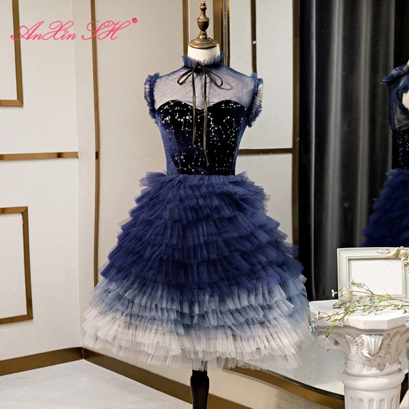 AnXin SH princess star navy blue lace vintage high neck sleeveless illusion bow customized evening dress little black dress