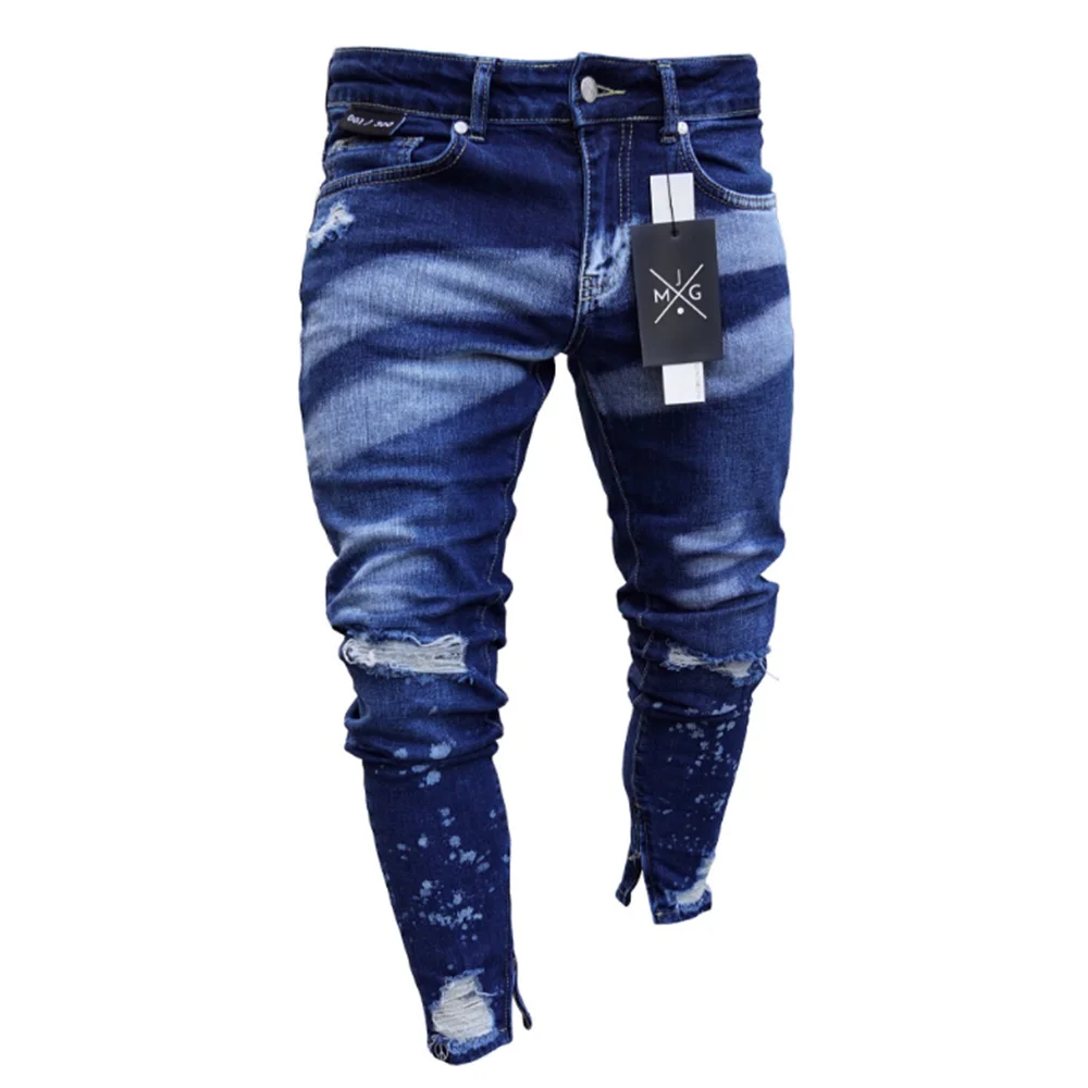 EH · MD® 100% Cotton Casual Sports Jeans Men Blue and White Dyeing Holes Scratching Skinny Trousers Zipper Opening Trend Cotton2
