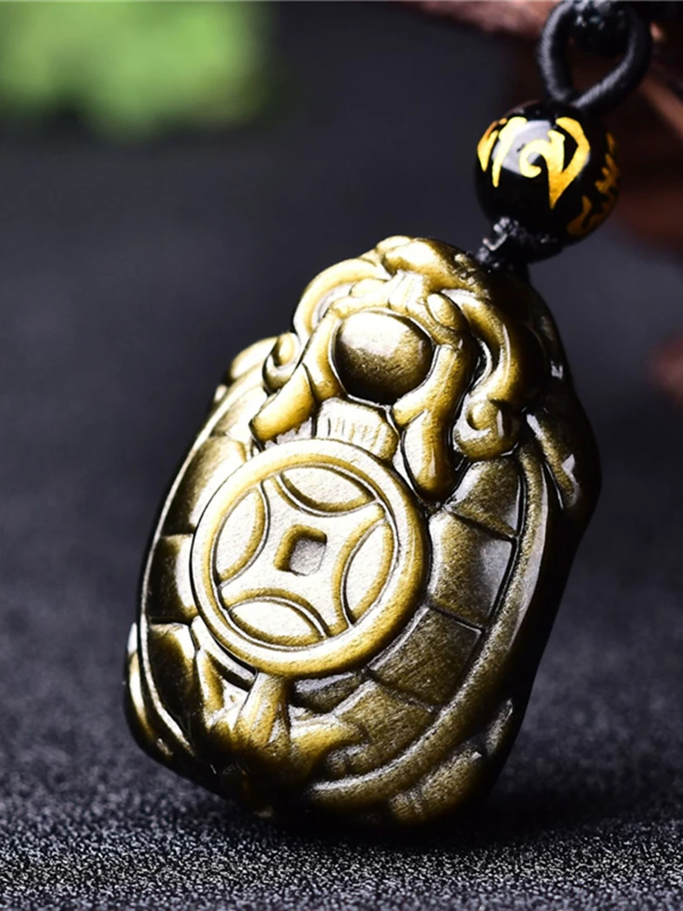 A natural  Yellow obsidian Dragon turtle pendant that brings wealth, gem carving, a Money turtle amulet that symbolizes wealth