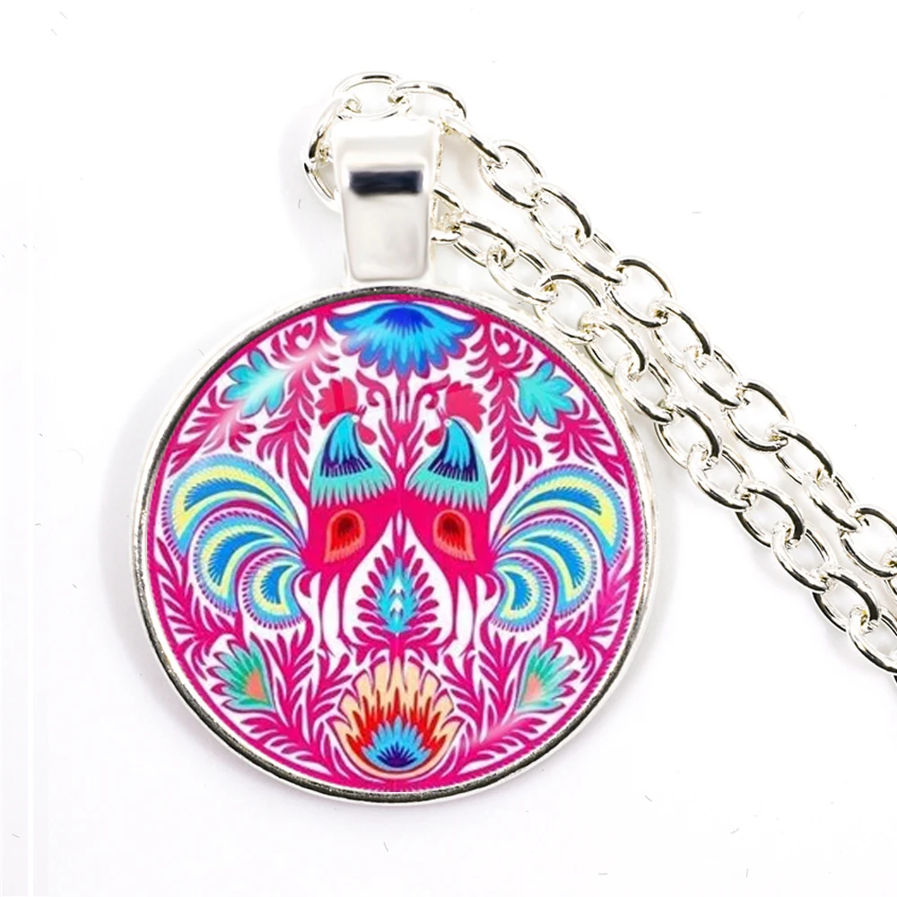Ethnic Polish Folk Art Pattern Glass Cabochon Necklace Bohemia Fashion Flower Print Round Jewelry Pendant For Women Men Gift
