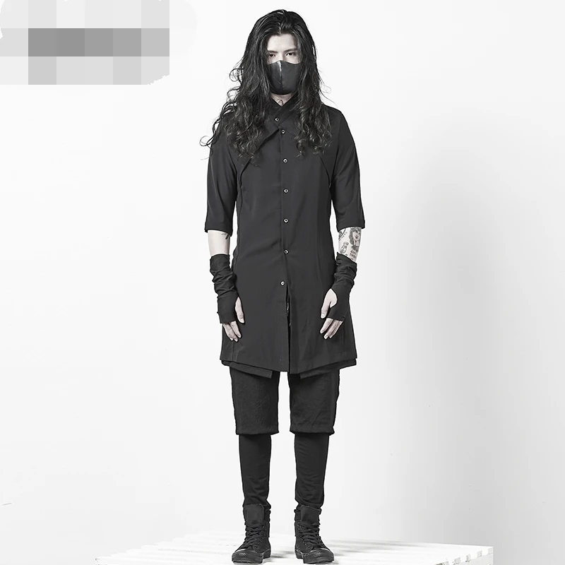 

Men's Korean Slim Medium Sleeve Shirt Personality Thin Fashion Splicing Clothes Stand Up Collar Loose Casual Shirt