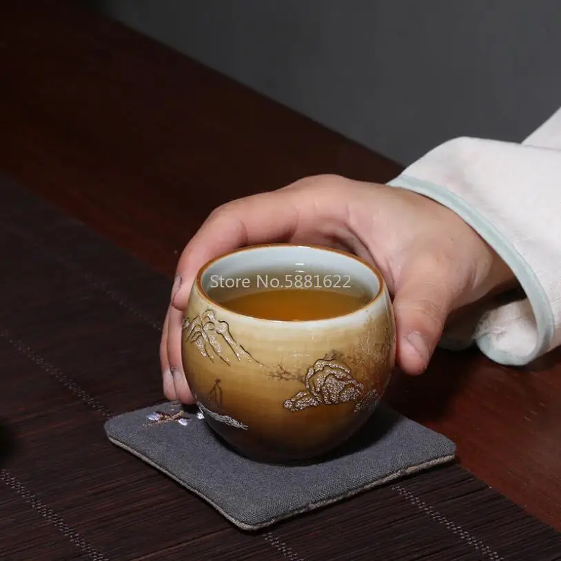 100ML Outline In Gold Master Cup Pigmented Kung Fu Teacups Retro Traditional Chinese Drinkware Ceramic Glaze