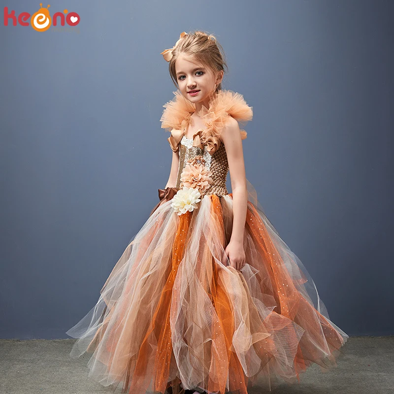 Handmade Girls Autumn Flower Fairy Tutu Dress Kids Glitter Sparkle Tulle Pageant Ball Gown Halloween Party Turkey Day Costume