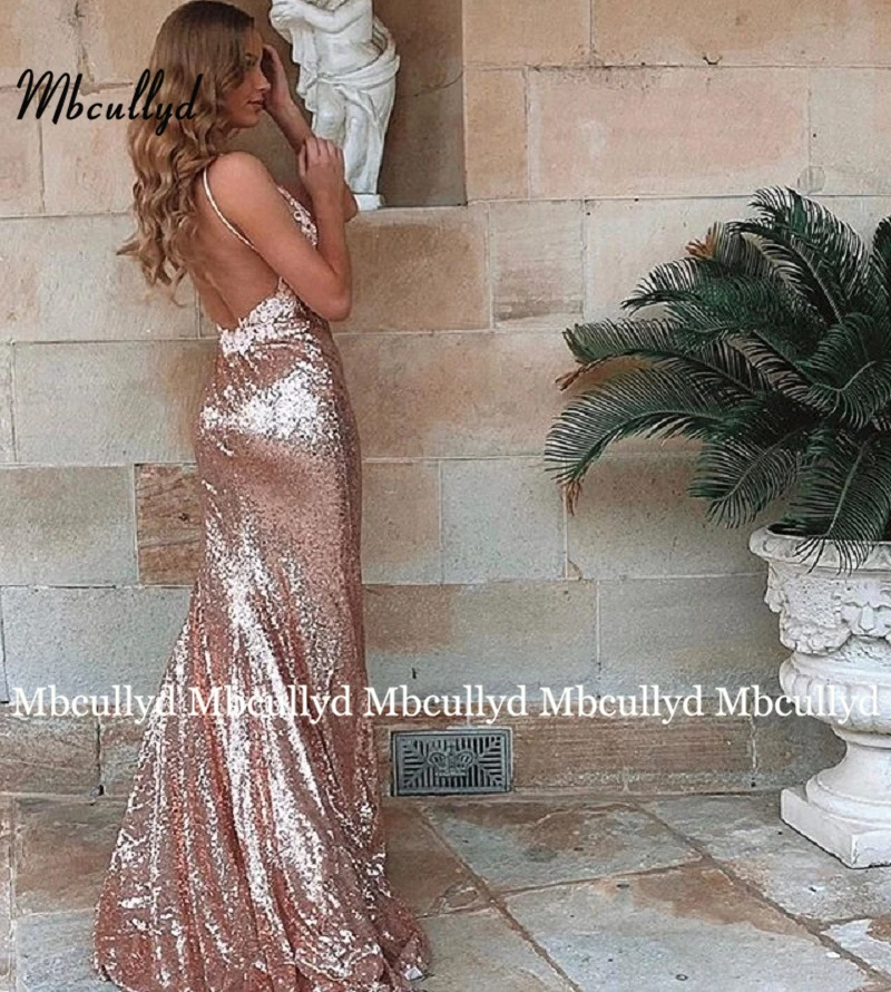 Mbcullyd Sparkly Sequins Mermaid Prom Dress Long V Neck Backless Evening Party Gowns Bridesmaid Dress Plus Size 2023