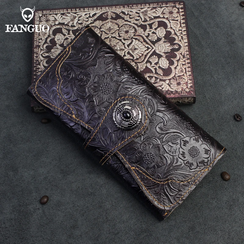 Handmade Genuine Leather Women Wallet Retro Classic Long Purse Mulit-function Phone Holder Credit Card Slot With Zipper Pocket