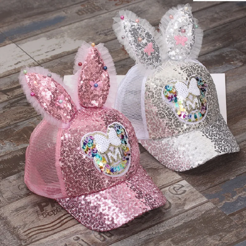 

Cute Children'S Net Cap Spring And Summer Children'S Baseball Cap Girls Stretch Hip Hop Hat Rabbit Ears Pearl Big Bow Children'S