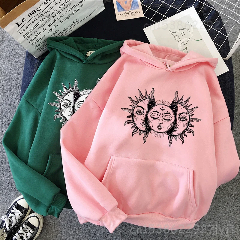 Gothic Style Hoodie Sun And Moon Print Hooded Sweatshirt Harajuku Horror Dark Oversize Ladies Sweatshirt Vintage Fashion Hoodie