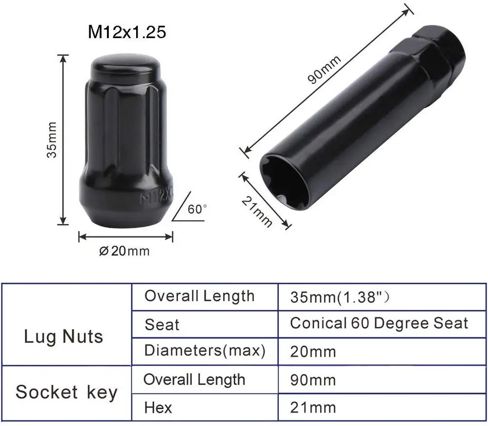 KSP 12x1.25 Lug Nuts for Aftermarket Wheels, 20pcs 6 Spline/Point 12mmx1.25 Lugnuts Tuner Conical/Cone Seat Rims with Socket Key