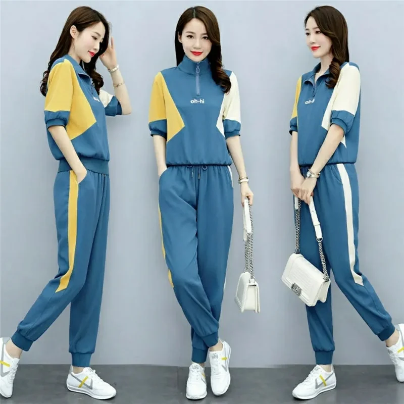 Pant Suits Casual Sports Suit White 2023 New Summer Femme Tops+Trousers Suit Splicing Color Contrast Suit Two Piece Set Women