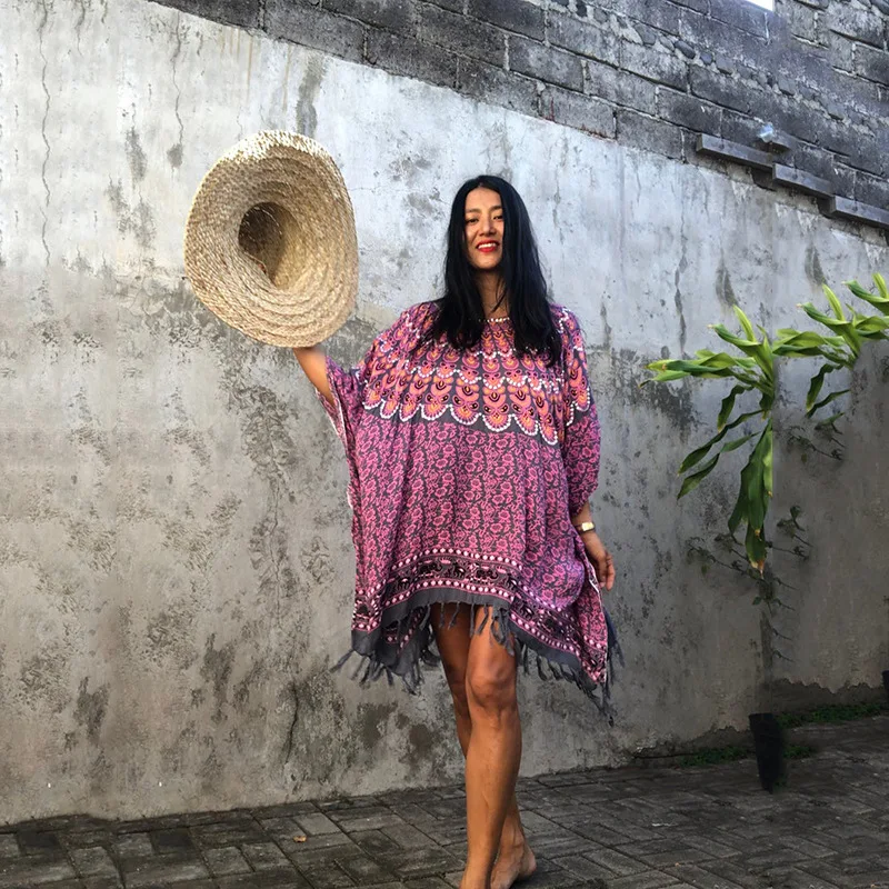 Kaftan Beach Cover up Pareos de Playa Mujer 2021 Beach Wear Oversize Bikini Cover up Tassel Print Robe Plage Beach Tunic