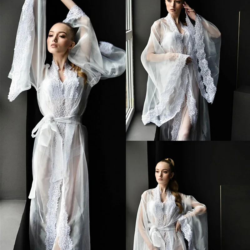 

Sexy Illusion Lingerie Night Robes Women Lace Appliques Long Sleeve Dress with Belt Both Robe Formal Event Night Sleepwear