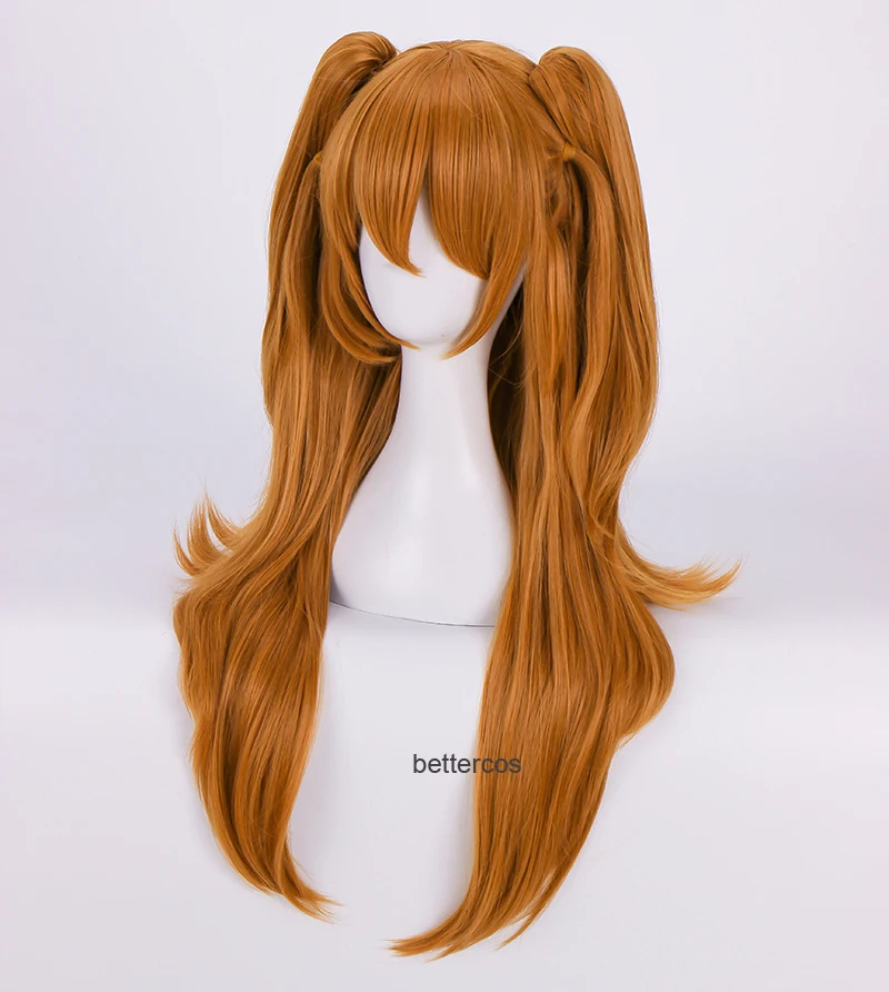 High Quality EVA Asuka Langley Soryu Cosplay Wigs Long Orange With 2 Ponytail Clips Heat Resistant Synthetic Hair Wig + Wig Cap