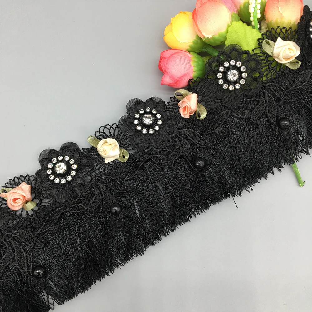 

20x Diamond Black Fringe Tassel Lace Trim 3D Flower Mesh Embroidered Lace Ribbon Fabric Sewing Craft Dress DIY Accessories 65mm