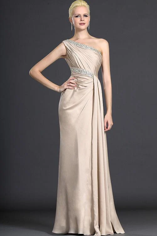 Champagne Evening Prom Dresses Pleated One Shoulder Long Luxury Satin Beading Sequins Wedding Party Woman Formal Event Gowns