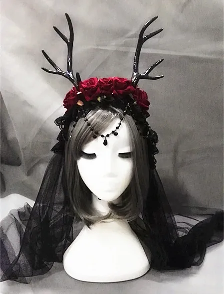 Cosplay Elk Horns Headbands Hair Accessories Rose Lace Veil Deer Antler Headdress Costume Accessory Christmas