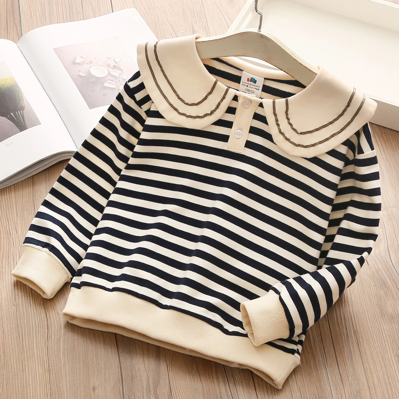 2024 Autumn Spring 2 3 4 5 6 7 8 9 10 Years Casual Long Sleeve Peter Pan Collar Cotton Striped Sweatshirts For Kids Baby Girls