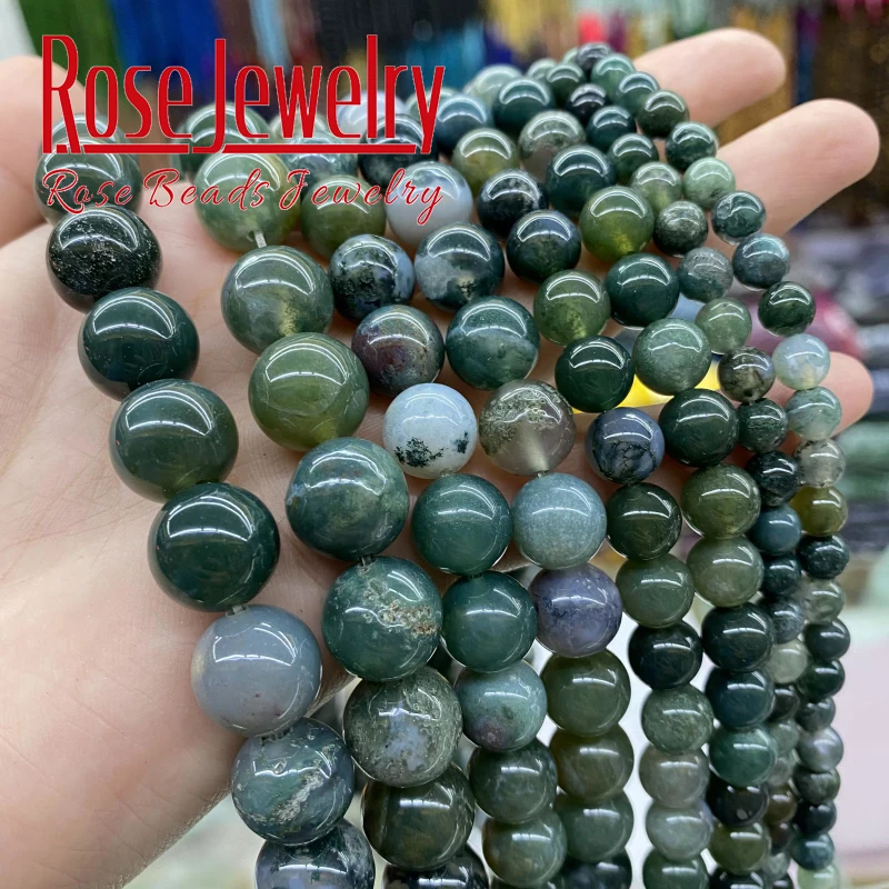 Natural Stone Moss Agates Beads Green Grass Agates Smooth Round Beads For Jewelry Making Charm Bracelet Anklet 15\