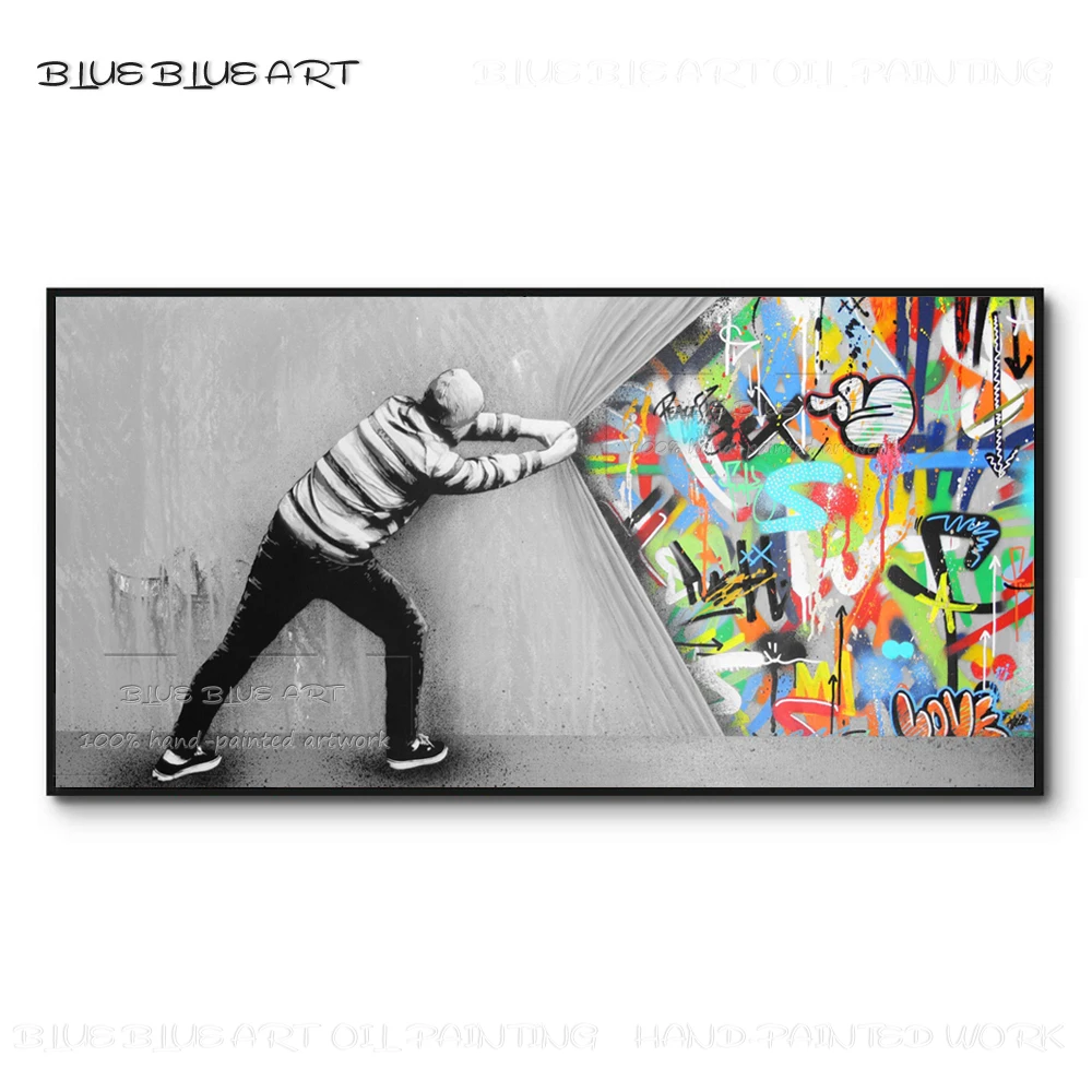 

Unique Wall Art Pure Hand-painted Man Pull Wall Acrylic Painting Street Graffiti Style Acrylic Modern Fine Art Graffiti Painting