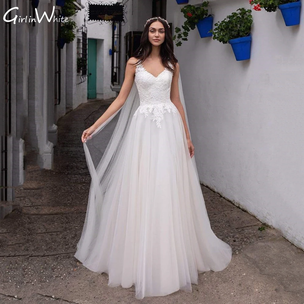 

Romantic Lace A-Line Tull Wedding Dresses Spaghetti Strap Bridal Gowns Sweep Train Sweetheart Neck Bride Robes Vestido De Noiva