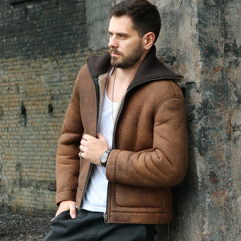 New Mens Brown Shearling Jacket Lapel Leather Jacket Thicken Fur Jacket Casual Wool Coat Short Winter Coats