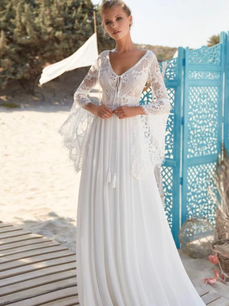 Boho a linha vestidos de casamento 2023 três quartos alargamento mangas sem costas chiffon trem varredura encantador deslumbrante vintage robe laço