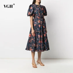 VGH Vintage Hit Color Ruched Dress For Women O Neck Short Sleeve High Waist Patchwork Bow Print Dresses Female Fashion New 2024