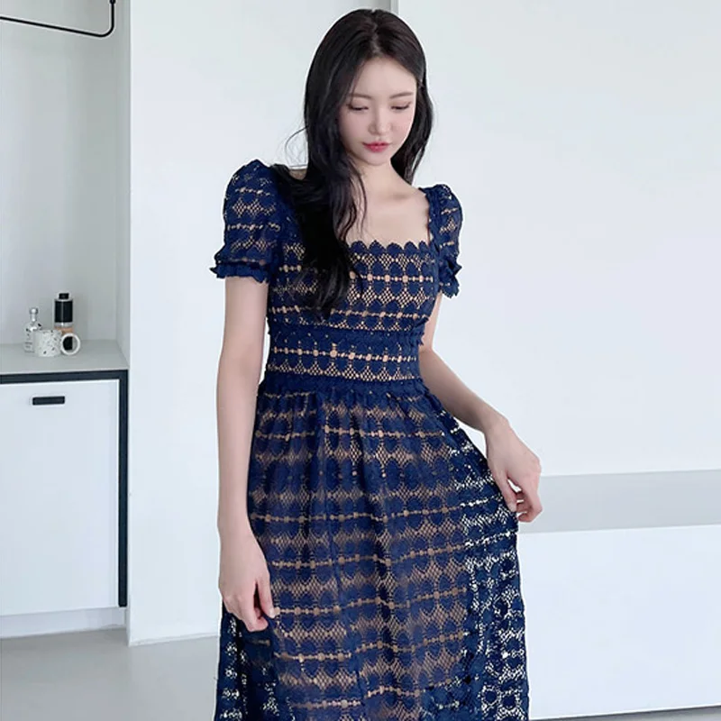 SMTHMA New Arrive Women Lace Hollow Out Long Dress High Waist Square Collar Short Sleeve Female Temperament Big Swing Dress