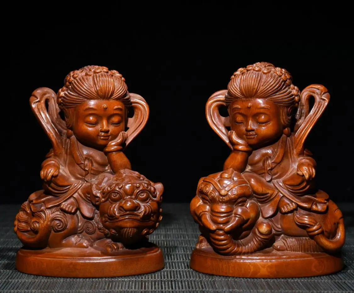 

Archaize seiko Hand-carved boxwood manjusri bodhisattva samantabhadra bodhisattva desktop decoration small crafts statue A pair