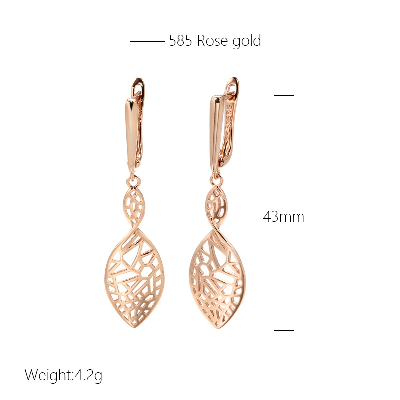 Kinel Hot 585 Rose Gold Color Leaf Shape Long Drop Earrings Women Hollow Design Vintage Trendy Jewelry Elegant English Earring