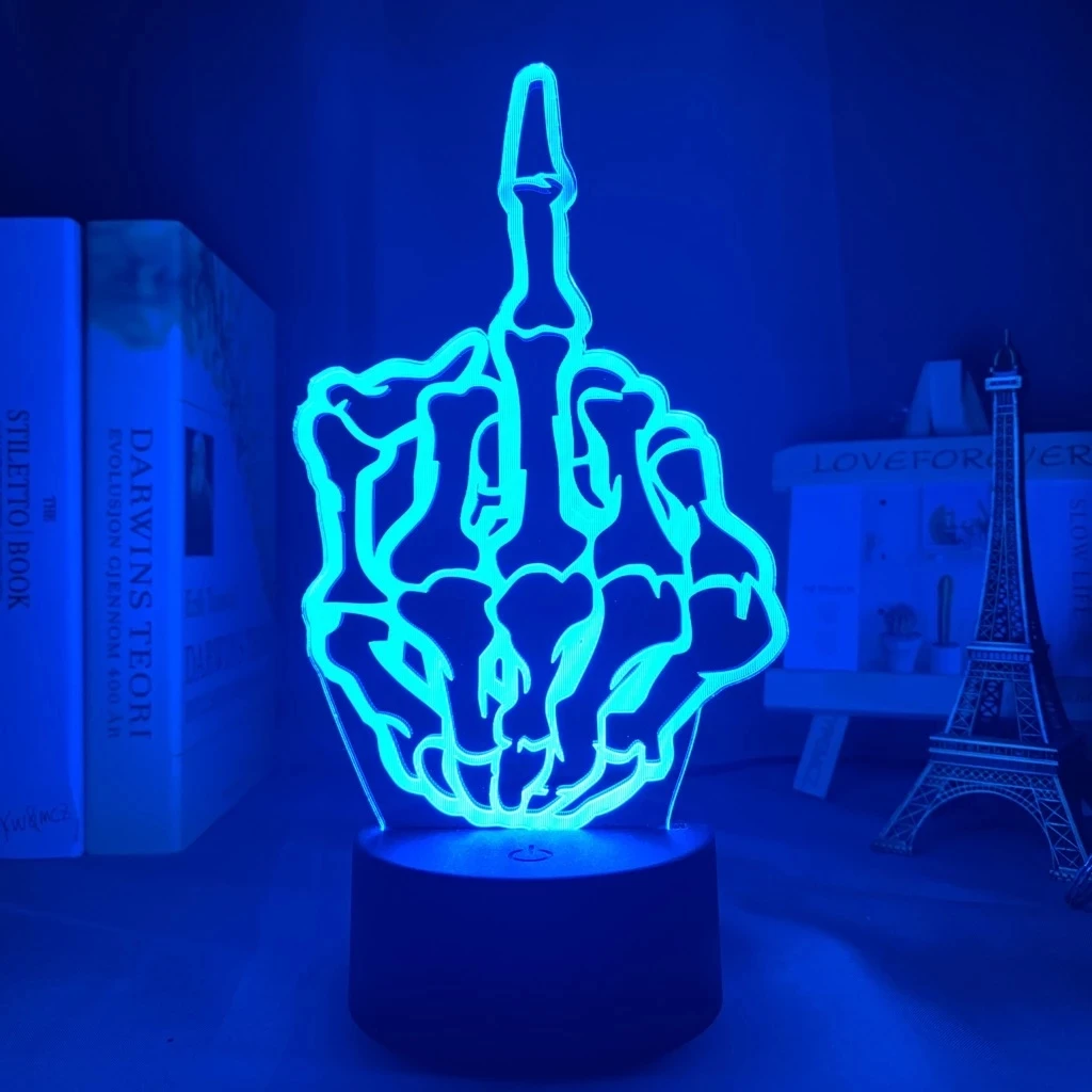 Acrylic 3d Lamp Middle Finger Skull Nightlight for Adult Boys Office Room Decoration Atmosphere Color Changing Led Night Light